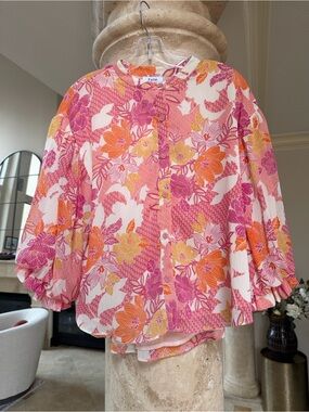 Vibrant Balloon Sleeve Blouse Sz Small Blush Pink Fuschia Orange Crème Colored